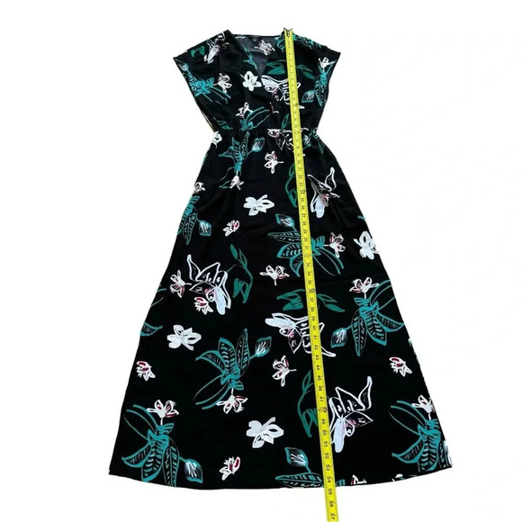 Halogen Black Green Floral Faux Wrap Maxi Dress Slit Short Sleeve Sz XS - Picture 3 of 10